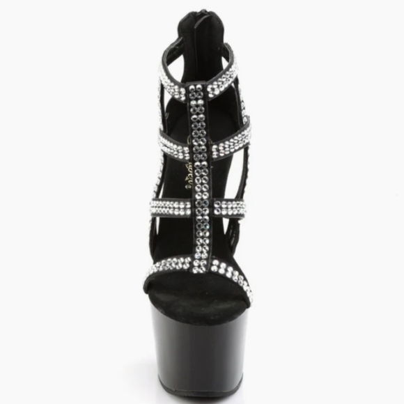 Pleaser Black & Diamond Cage Bootie Stiletto Sandal - 7 - New In Box - Picture 2 of 7